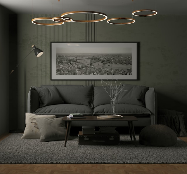 minimalistyczny salon butelkowa zieleń